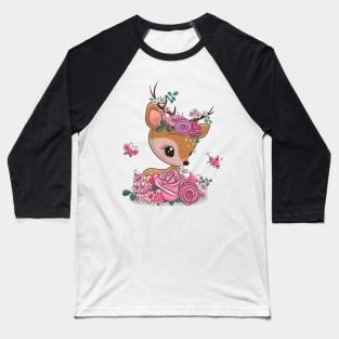 Cute roe deer with flowers on its head. Baseball T-Shirt